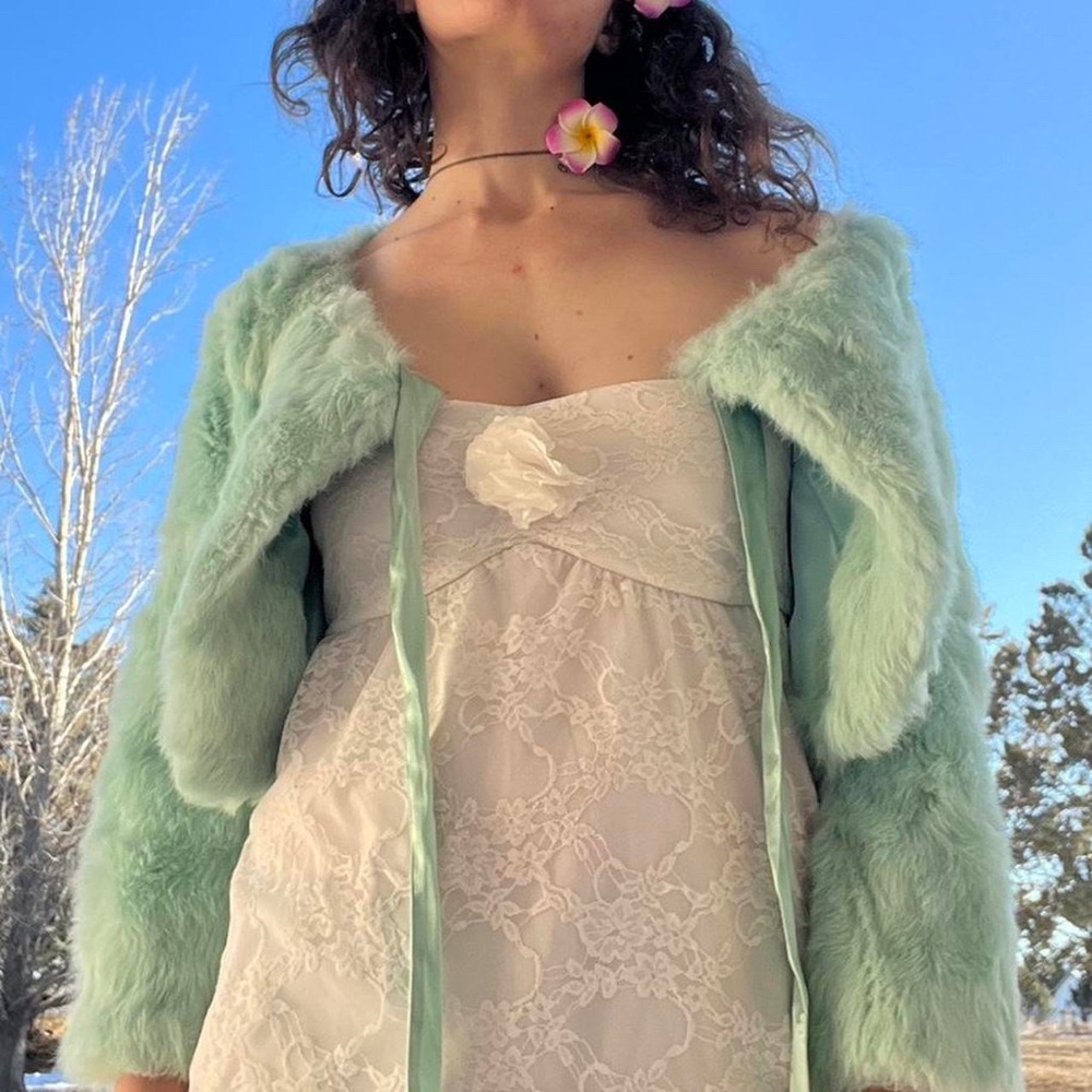 size medium aqua bebe vintage rabbit fur coat with silk ribbon repaired